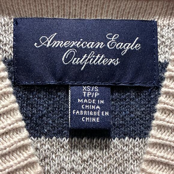 American Eagle Poncho Striped Knit V Neck Hooded Sweater Cream Gray Sz XS Small - Picture 6 of 6